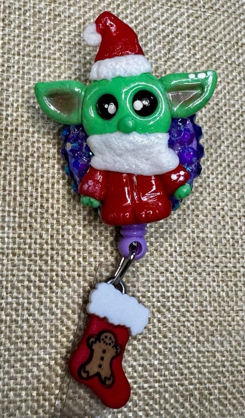 Christmas Yoda On Purple Rinestones Retractable ID Badge Holder Handmade